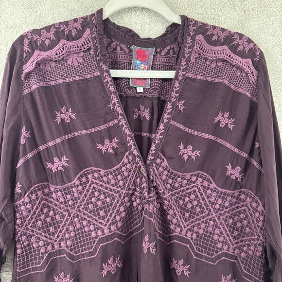 Johnny Was Top S Burgundy Floral Tunic Boho Embroidered V-Neck Long Sleeve - Picture 3 of 13